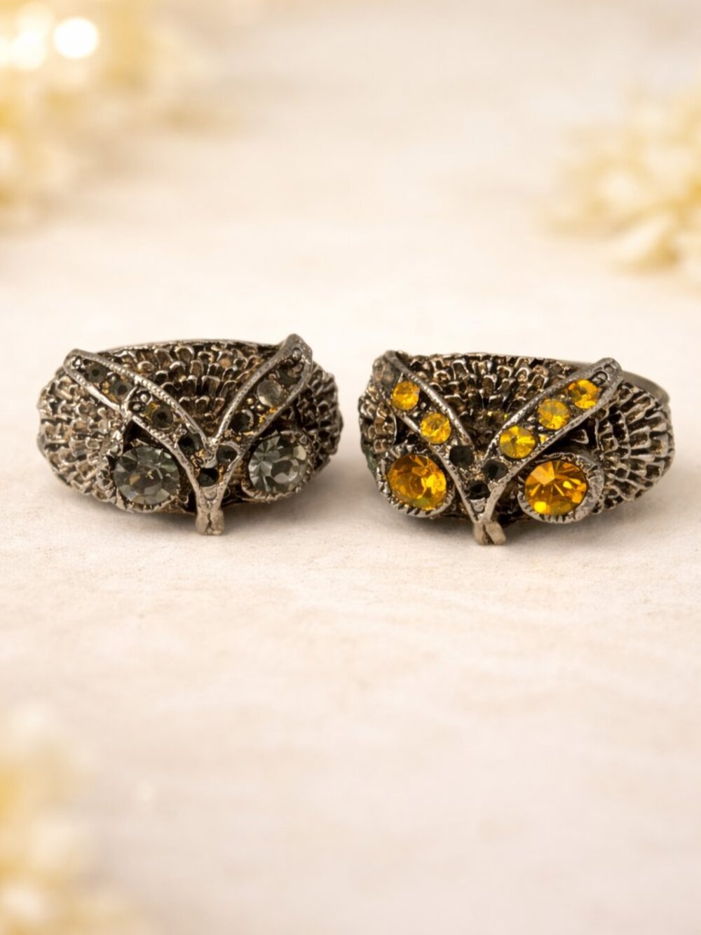 VTG Owl Rings Set of 2 Adjustable Statement Filigree Amber & Smoky Rhinestones